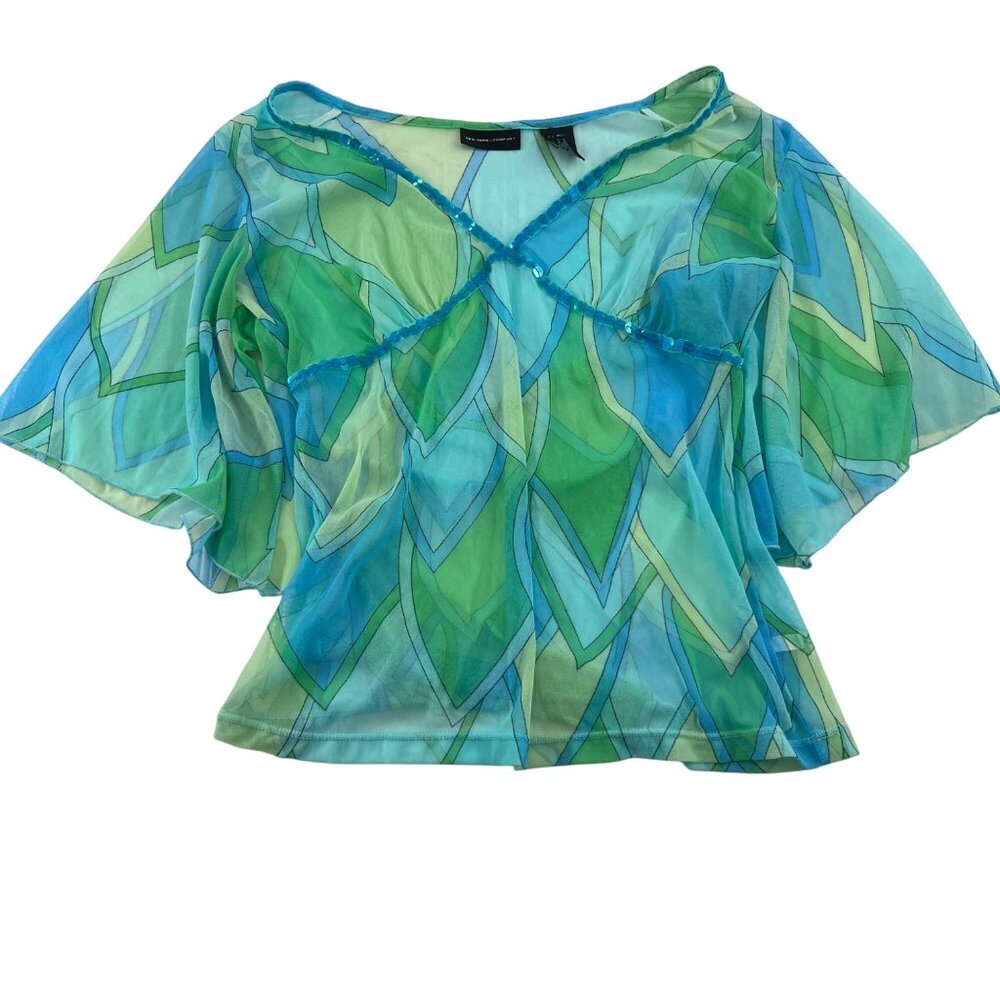 New York &‎ Company Womens Medium Leaf Print Nylon Top Semi Sheer Y2k